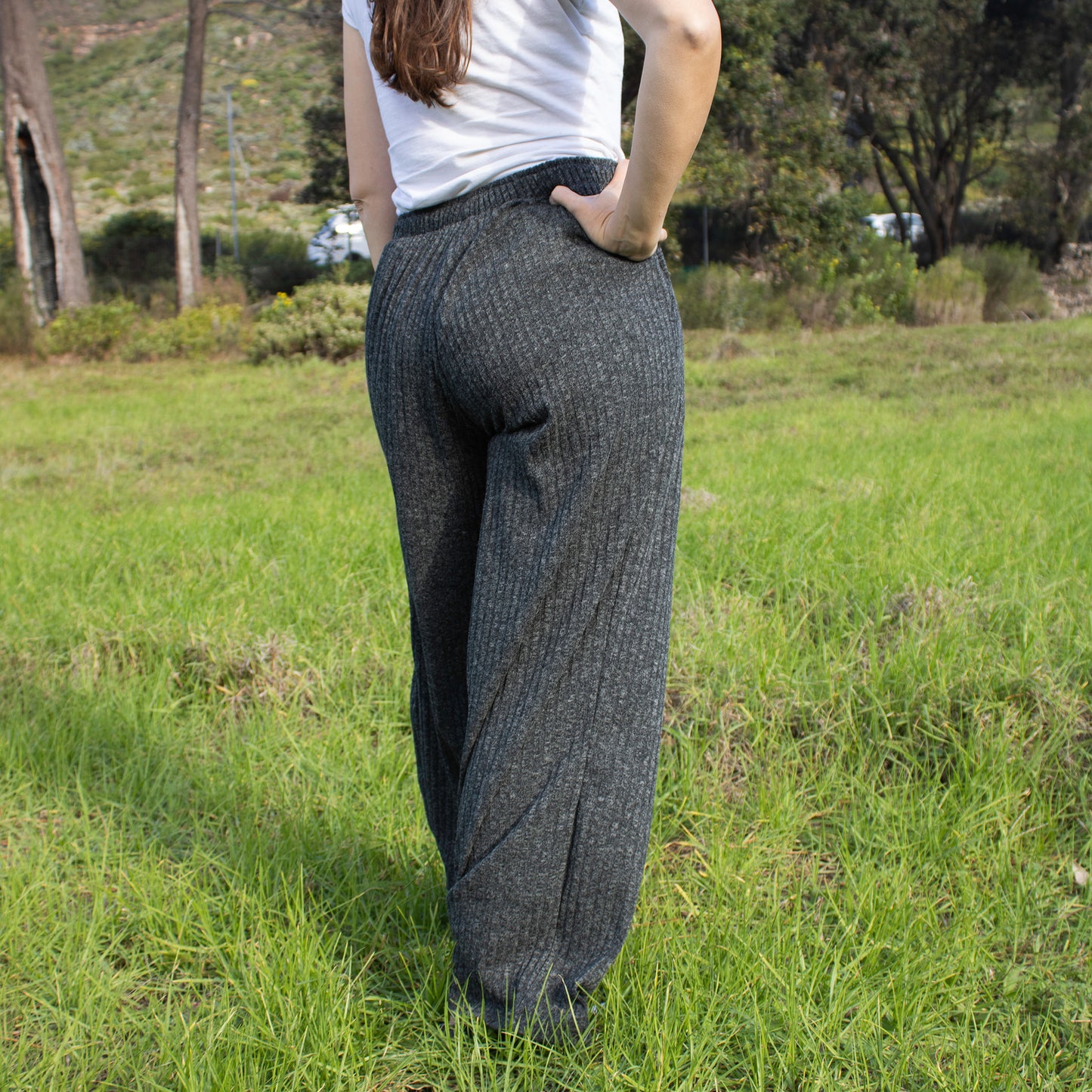 Charcoal Wide-Legged Knitted-Ribbed Pants